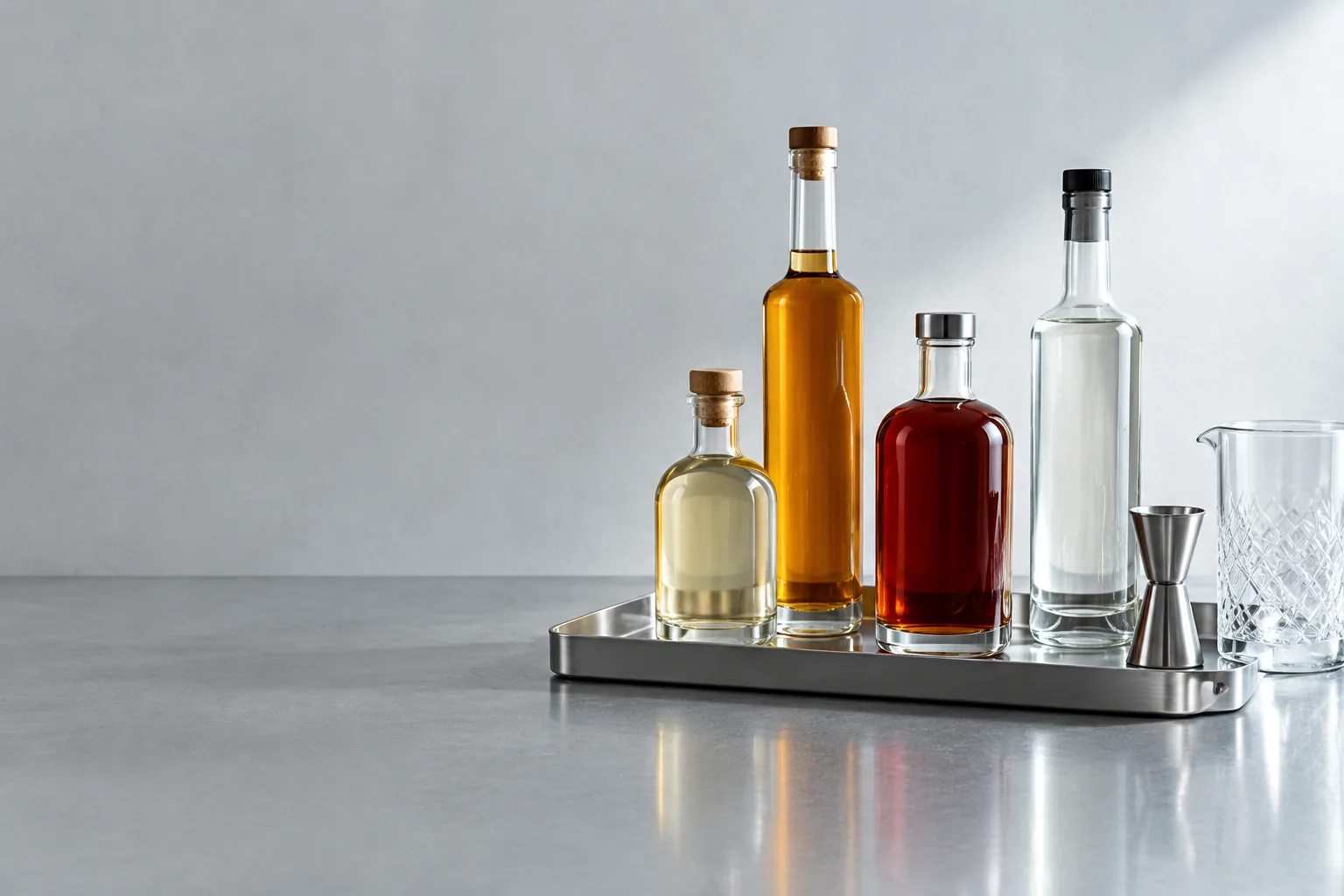 Unbranded spirits and wine bottles on a limestone counter